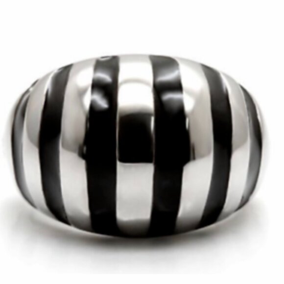 Stainless Steel Stripes Cocktail Ring Size 8 9 10 Silver Black Enamel Dome - Picture 9 of 9